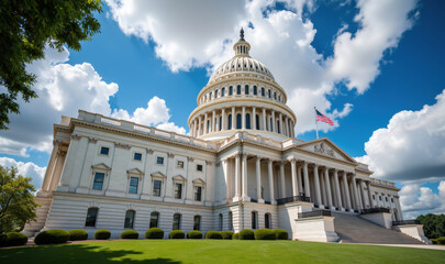 Obraz premium Iconic building features grand dome, surrounded by lush greenery and bright blue sky with fluffy clouds, evoking sense of history and governance
