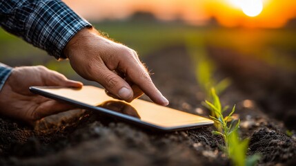 Hands using tablet to monitor crop growth in field during sunset