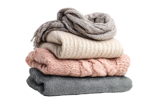 A stack of folded sweaters and a scarf, in muted pastel colors, including gray, beige, and pink.  The sweaters are knit, with various textures and patterns. The scarf is draped over the top