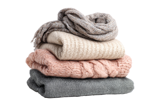 A stack of folded sweaters and a scarf, in muted pastel colors, including gray, beige, and pink.  The sweaters are knit, with various textures and patterns. The scarf is draped over the top