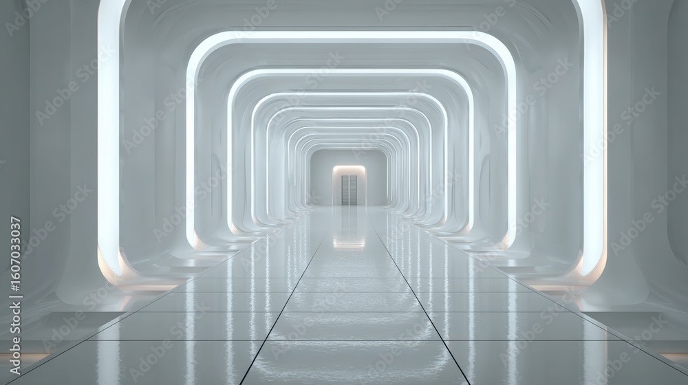 Poster futuristic hallway with smooth lines and ambient lighting, creating a serene and modern atmosphere.