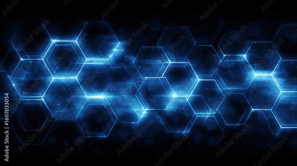 Poster futuristic hexagonal pattern glowing in blue tones, ideal for digital backgrounds or tech-themed pro