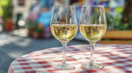 Two white wine glasses on outdoor restaurant table in daylight creating elegant relaxing dining atmosphere with reflections on glass surface and blurred background for romantic lunch or celebration