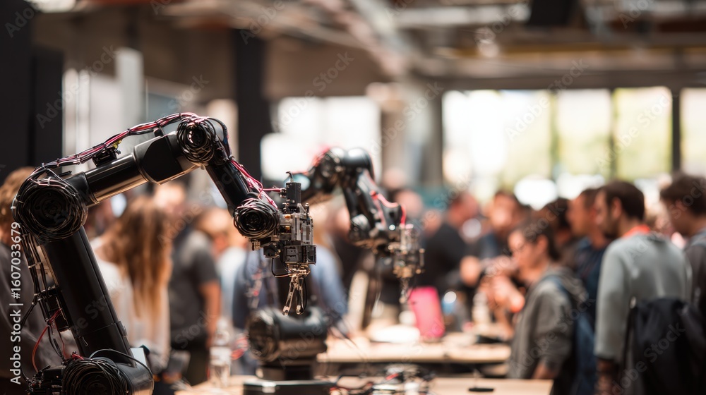 Poster innovative robots demonstrate advanced capabilities in a bustling tech event, showcasing the future 