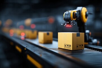 Automation in a modern warehouse with robotic system handling packages efficiently