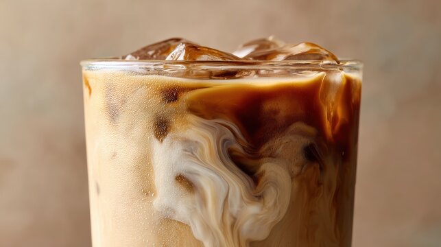 Iced coffee with creamy swirls captured in a refreshing glass. Perfect for coffee lovers seeking a cool beverage. - Powered by Adobe