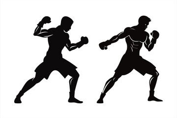 Silhouettes of two boxers in dynamic fighting stances, showcasing athletic prowess and the intensity of a boxing match