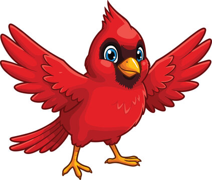 Cute cartoon red cardinal bird flying with wings spread wide, colorful animal character for kids nature art and wildlife illustration projects