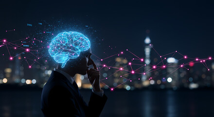 A silhouette of a businessman with a glowing digital brain and neural network connections against a blurred city skyline at night, symbolizing AI and thought.