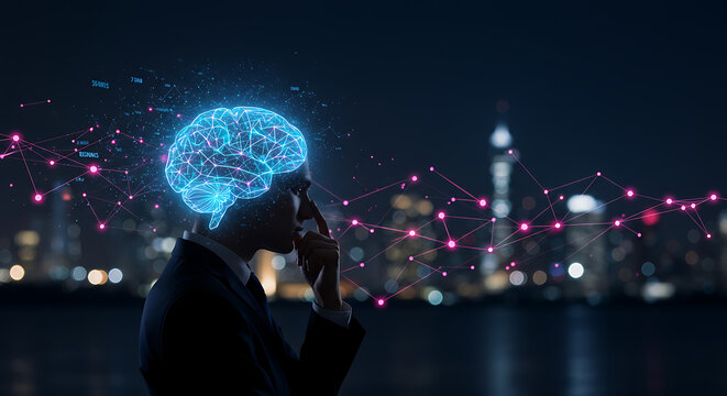 A silhouette of a businessman with a glowing digital brain and neural network connections against a blurred city skyline at night, symbolizing AI and thought.
