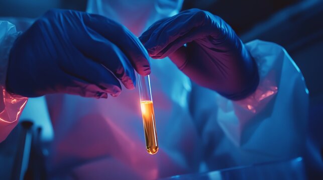 Close-up of gloved hands in a radiation suit carefully handling a test tube filled with a glowing substance under cinematic lighting.