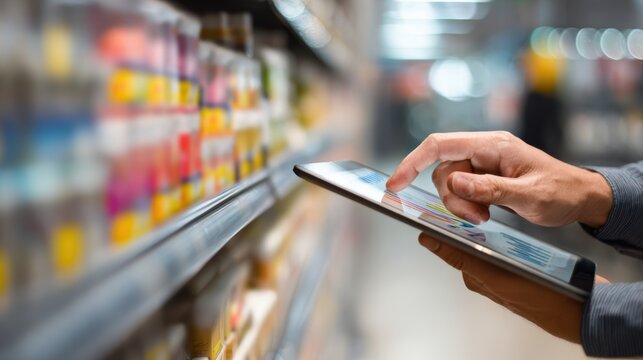 Person using a tablet in a grocery store, browsing products on shelves with a focused expression.
