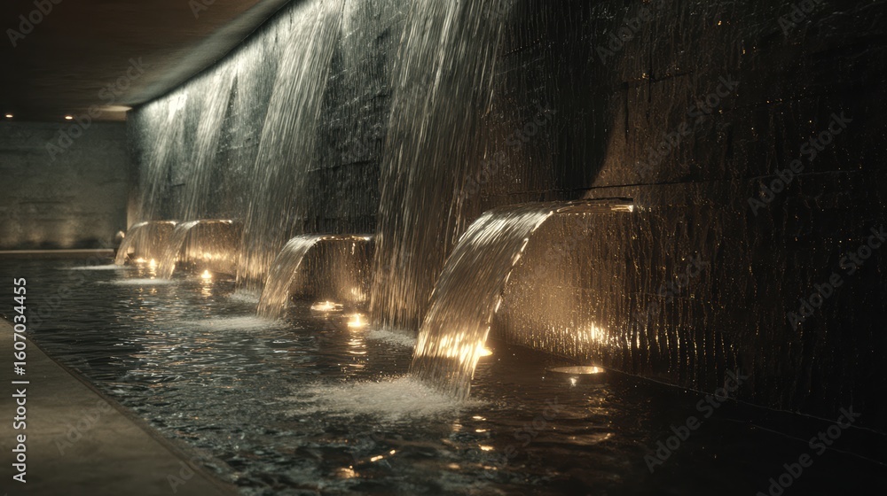 Poster stunning indoor water feature with cascading waterfalls illuminated by soft lighting, creating a tra