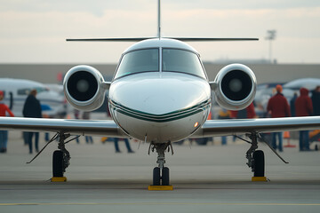 Naklejka premium Private jet aircraft parked on the tarmac, preparing for takeoff. Front view showcasing its powerful engines and sleek design. Aviation elegance and luxury.