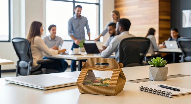 Lunch Break at the Office: Team Meeting and Sustainable Food Packaging