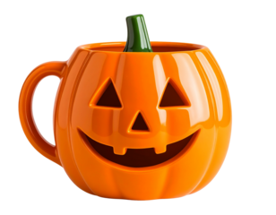 Pumpkin-Shaped Halloween Ceramic Mug in Bright Orange, isolated on transparent background PNG