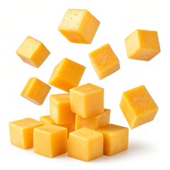 slices of cheese, cheddar cheese slices flying on white background for advertising, marketing and promotion concept  