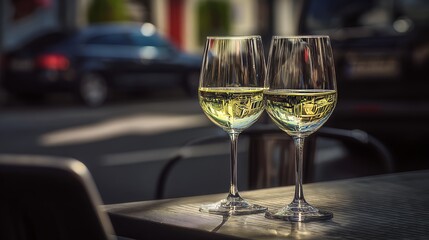 Two white wine glasses on outdoor restaurant table in daylight creating elegant relaxing dining atmosphere with reflections on glass surface and blurred background for romantic lunch or celebration