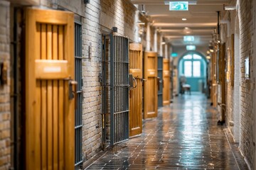 Historic hallway lined with prison cells in an old correctional facility