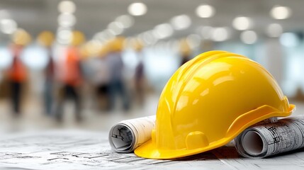 Construction site with plans and hard hats during a busy workday