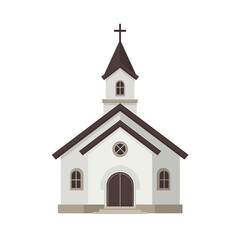 Simple church building with a cross and arched doorway  