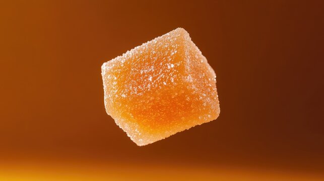 Cute, floating orange sour square gummy against a dark orange background, product photography, 