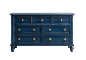 Deep navy blue dresser with ten drawers and brass knobs.  Solid wood construction.  Classic style