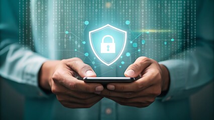 Person holding smartphone with glowing digital security shield and data stream