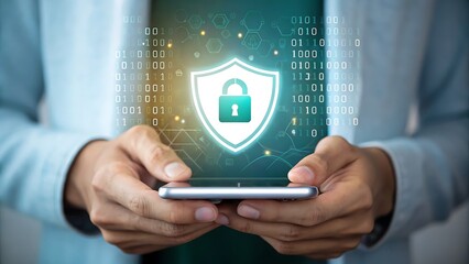 Person holding smartphone with glowing digital shield and padlock icon symbolizing cybersecurity