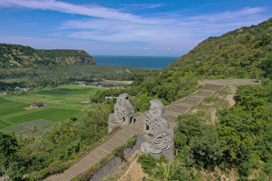 Mountain Staircase and Traditional Balinese Stone Gates Overlooking Rice Terraces