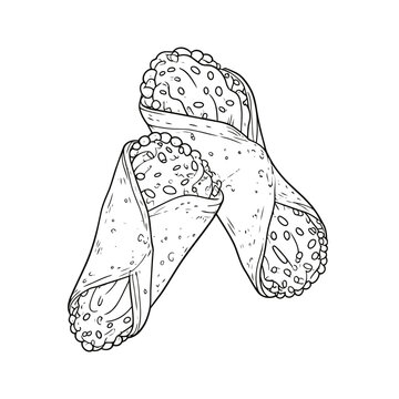 Sketch-style line art of two crispy Italian cannoli with creamy, studded filling.