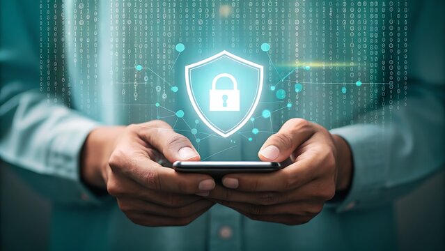 Person holding smartphone with glowing digital security shield and data stream
