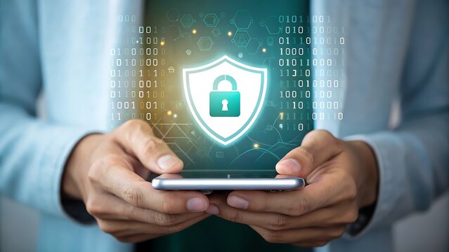Person holding smartphone with glowing digital shield and padlock icon symbolizing cybersecurity
