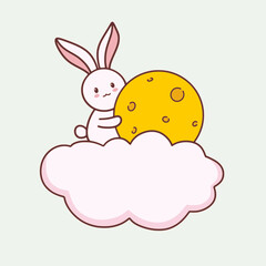 Vector mid autumn festival rabbit with the moon is isolated on the white background. 