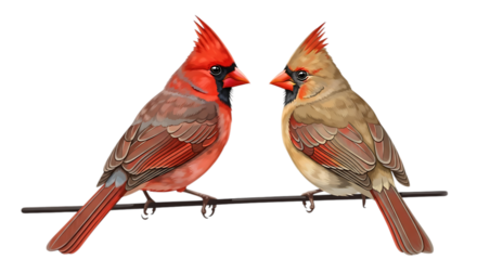 Two northern cardinals perched on a branch against a black background