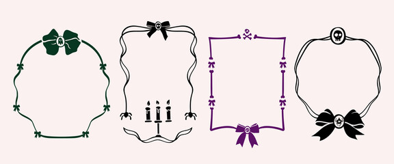 Set of hand drawn doodle Halloween frames. Coquette ribbon bow, candles, skull and bones borders, trendy designs. Spooky vector graphic decoration for greeting cards, party invitations.