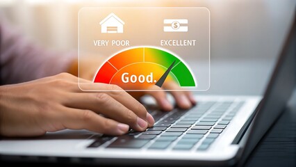 Person checking credit score on laptop with good rating displayed
