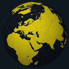 Georgia on Globe. Country view on the world map in Charcoal Bright Yellow color palette. Georgia shape on map. Globe with meridians, parallels, countries, rivers and lakes.
