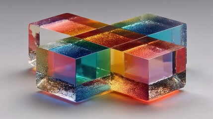 A geometric, cross-shaped crystal prism, reflecting rainbow light on a white background.