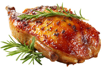 On transparent background an appetizingly roasted chicken breast with crispy skin and herbs displayed on a