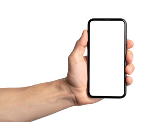 Hand holding a phone with a white screen and white background