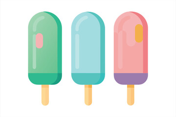 Three colorful popsicles, green, blue, and pink, stand upright on white background, evoking a sense of refreshing summer treat