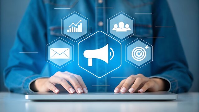 Person using laptop with digital marketing icons and analytics