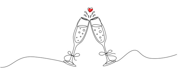 Continuous one line drawing of two Champagne glasses cheers with ribbon bow and red heart isolated on transparent background. Vector illustration for Valentine day, wedding invite. Editable stroke. 