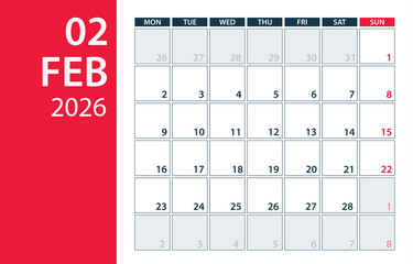 February 2026 Calendar Planner - vector illustration. Template. Mock up