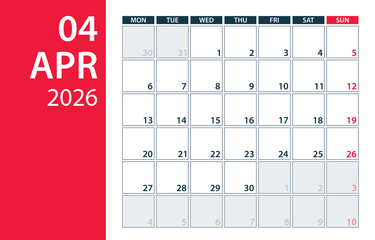 April 2026 Calendar Planner - vector illustration. Template. Mock up