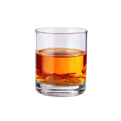 Glass of amber whiskey with ice cube on white background for bar and restaurant use, spirit tasting and cocktail making