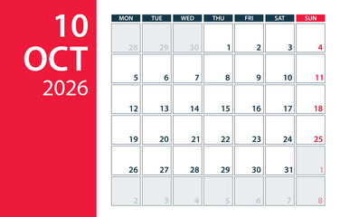 October 2026 Calendar Planner - vector illustration. Template. Mock up
