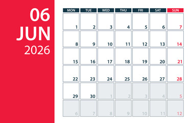 June 2026 Calendar Planner - vector illustration. Template. Mock up