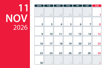 November 2026 Calendar Planner - vector illustration. Template. Mock up